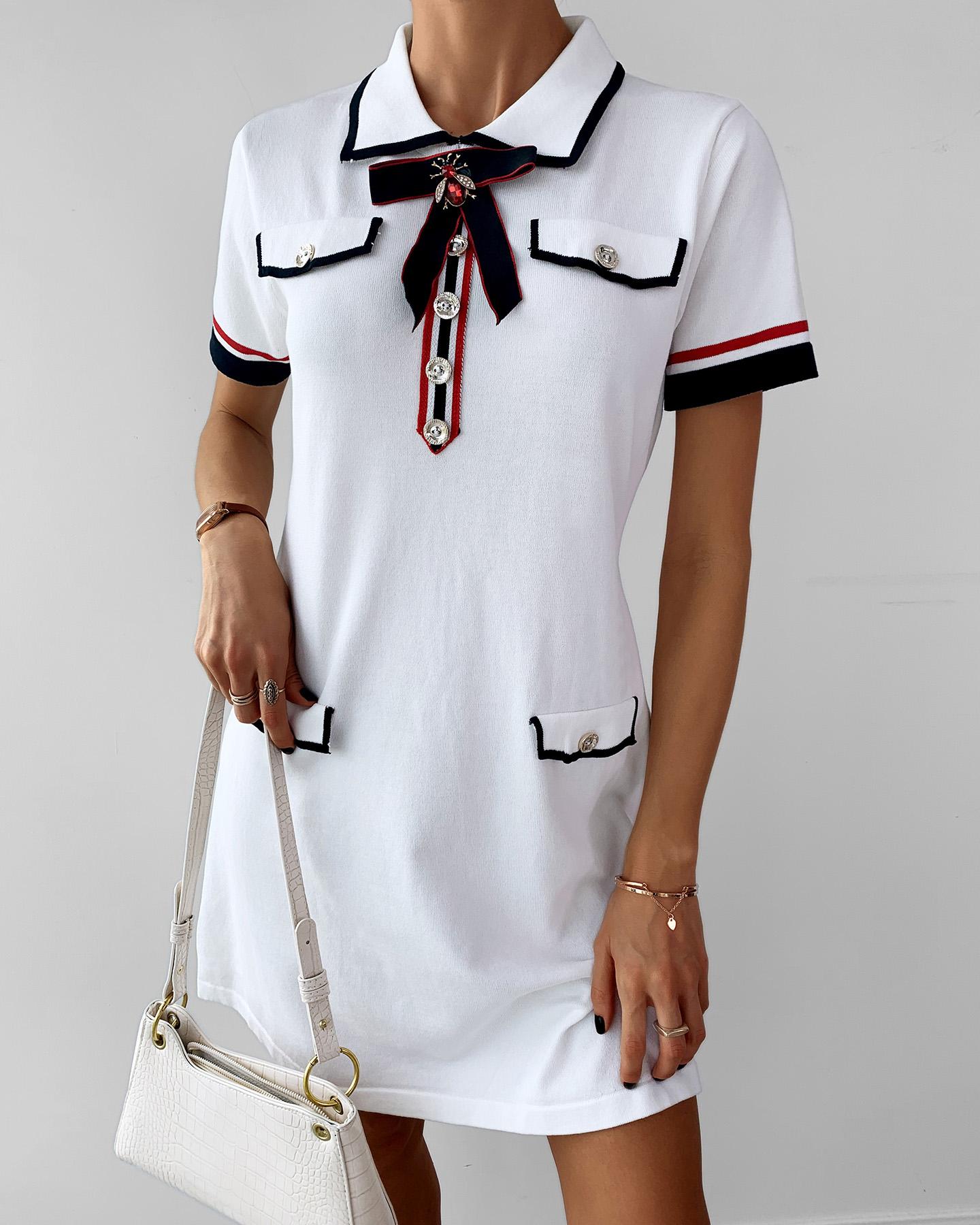 

Striped Colorblock Pocket Design Knit Dress, White