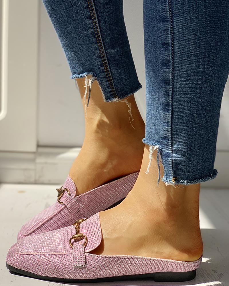 

Glitter Metallic Embellished Casual Flat Shoes, Pink