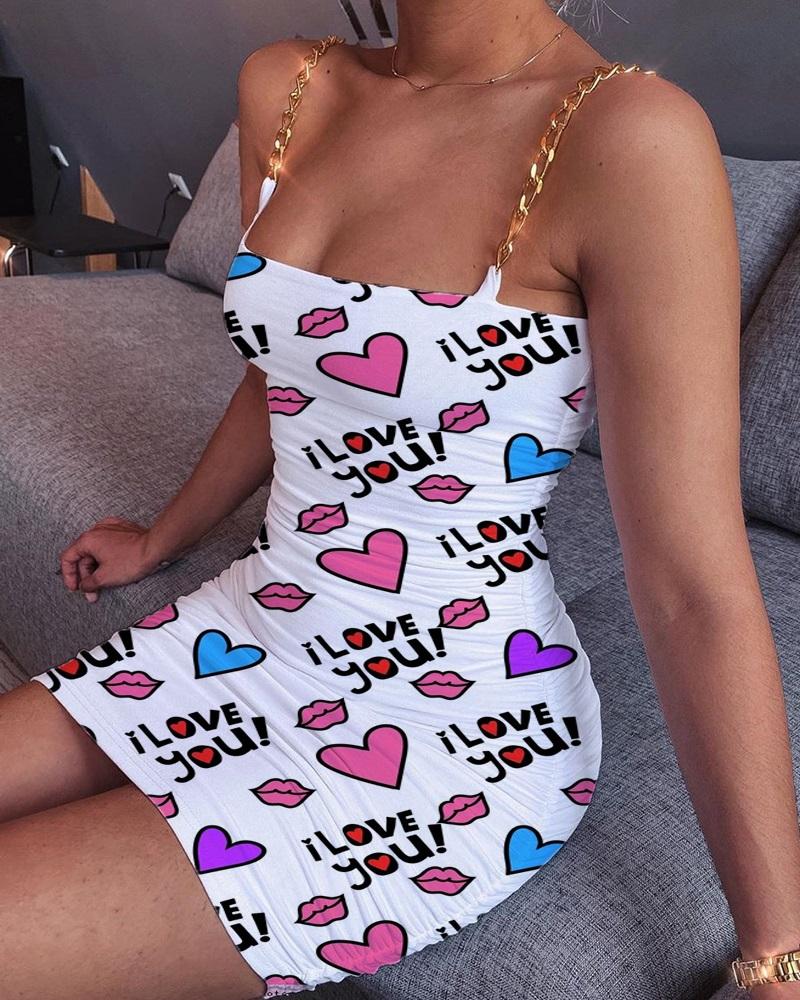 

Chain Strap Lip Heart Letter Print Bodycon Dress, White