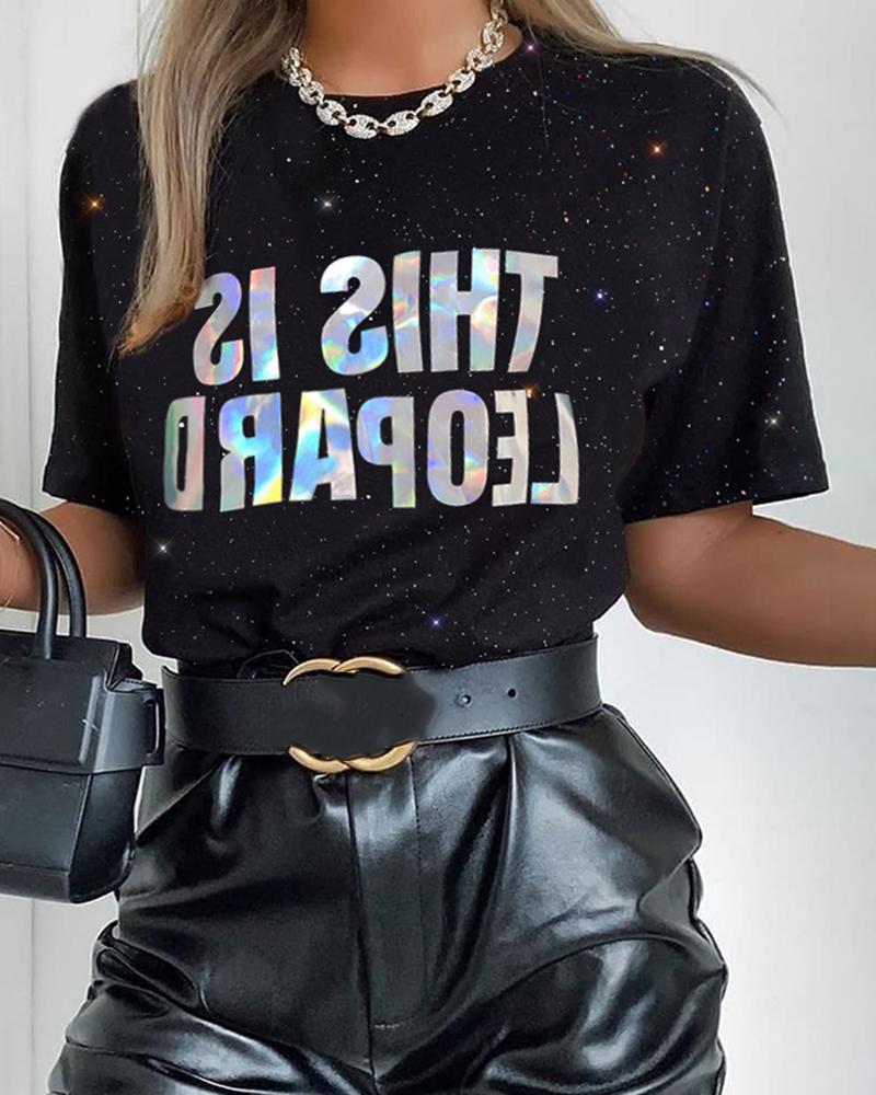 

Sequins Letter Short Sleeve T-shirt, Black