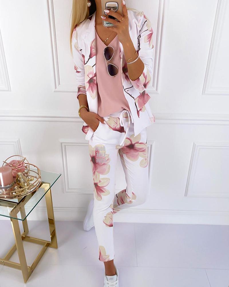 

Floral Print Top & Pocket Design Letter Print Pants Set, White