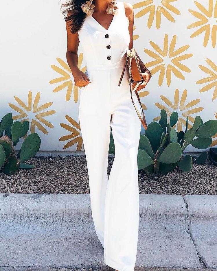 

Button Detail Cutout Back Wide Leg Jumpsuit, White