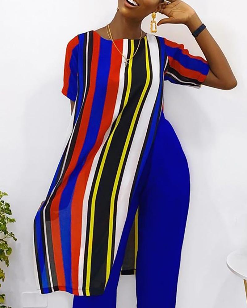 

Colorful Striped Short Sleeve Slit Blouse