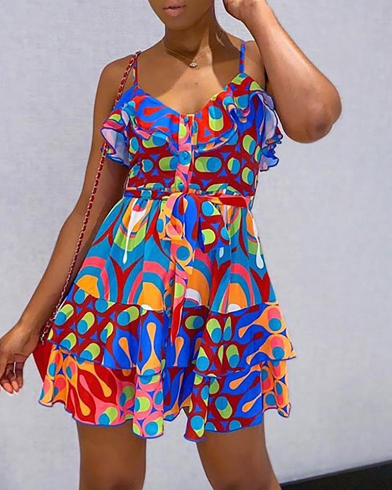 

Ruffles V-neck Spaghetti Strap Print Dress, Multicolor