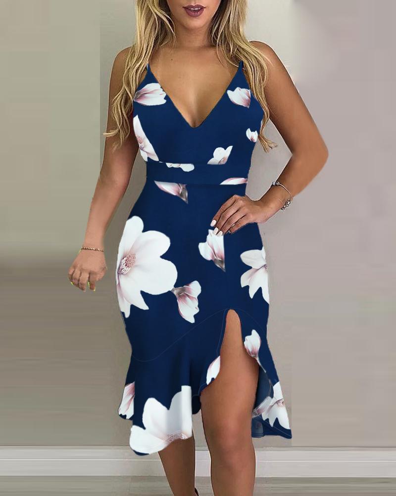 

Floral Print Sleeveless Casual Slit Dress, Blue