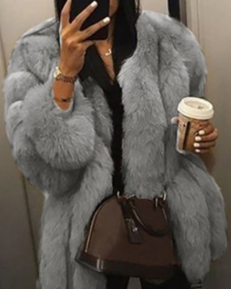 

Solid Faux Fur Longline Casual Coat, Gray