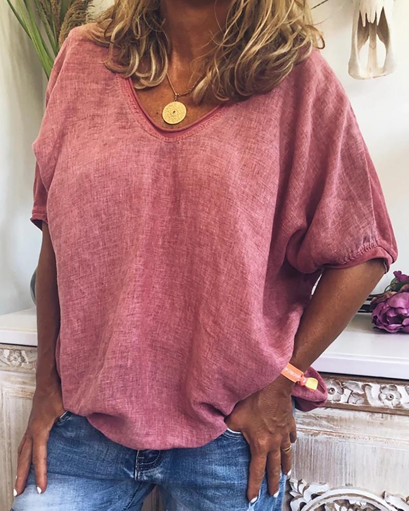 

V-neck Half Sleeve Casual T-shirt, Pink