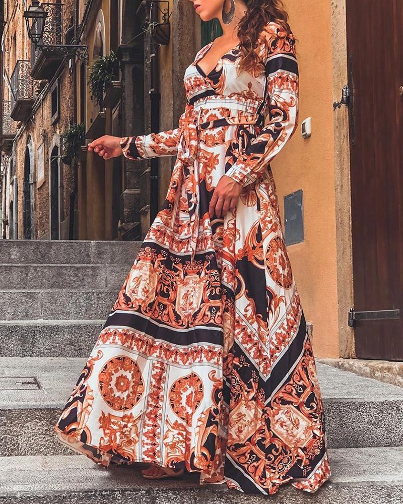

Long Sleeve Plunge Vintage Print Maxi Dress, Multicolor