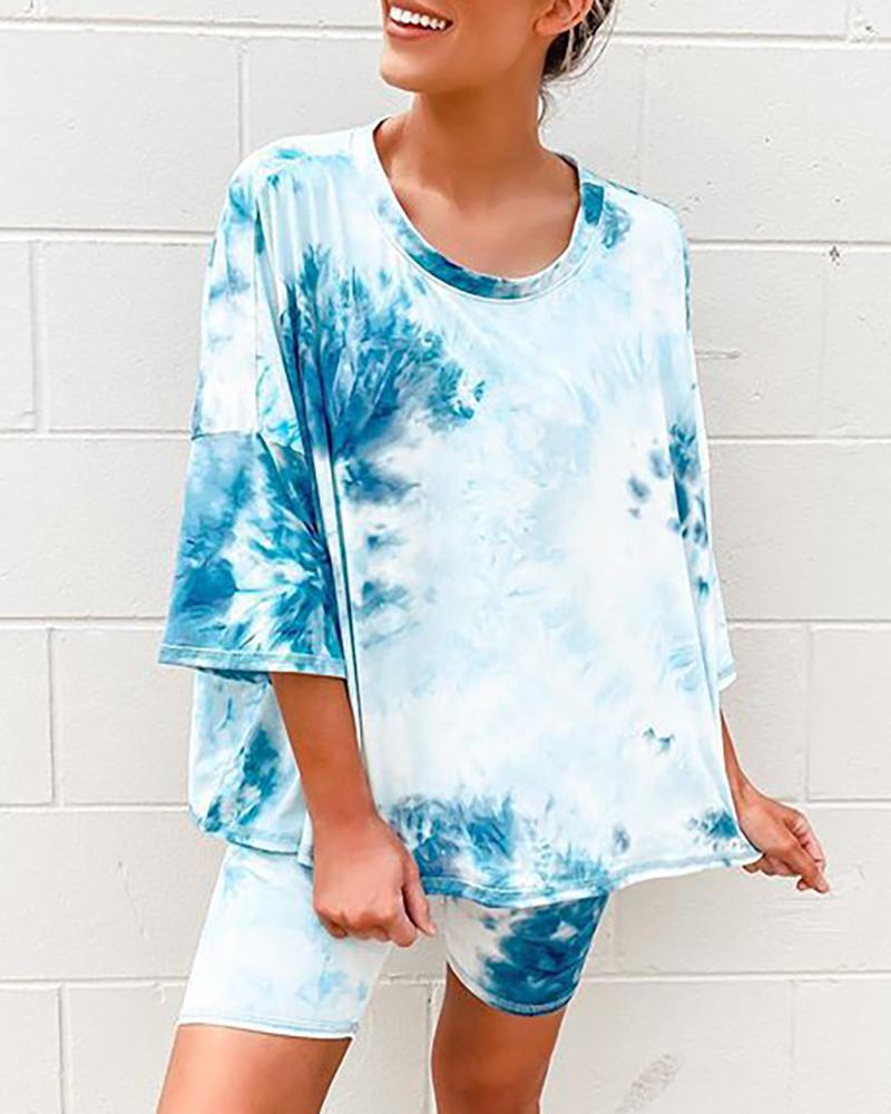 

Tie Dye Print Casual T-shirt & Shorts Set, Blue