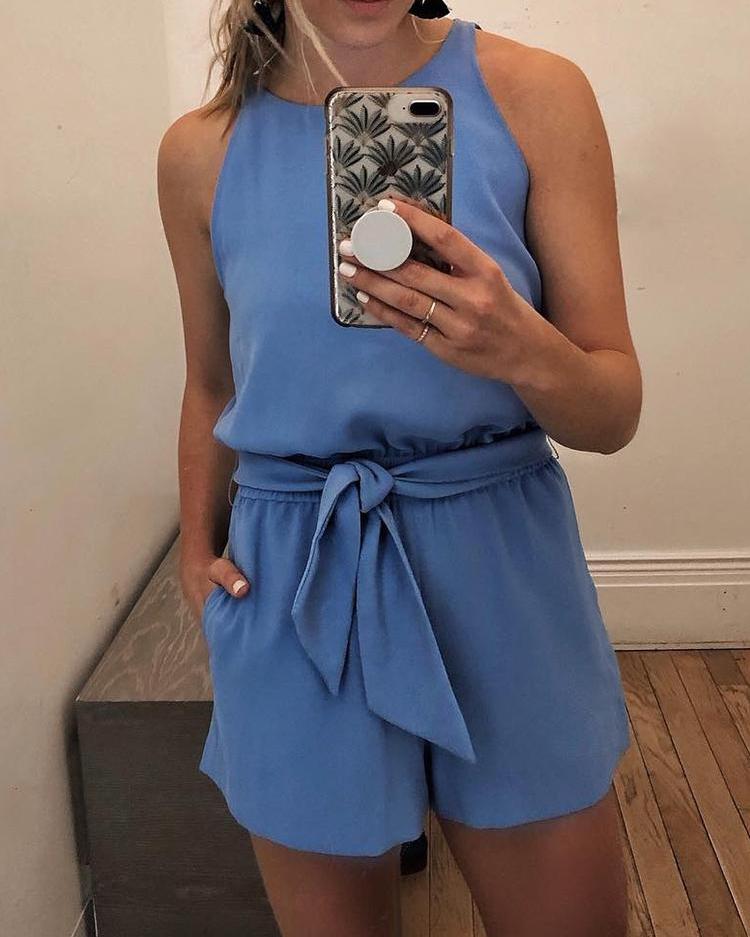 

Solid Sleeveless Tie Waist Playsuit, Blue