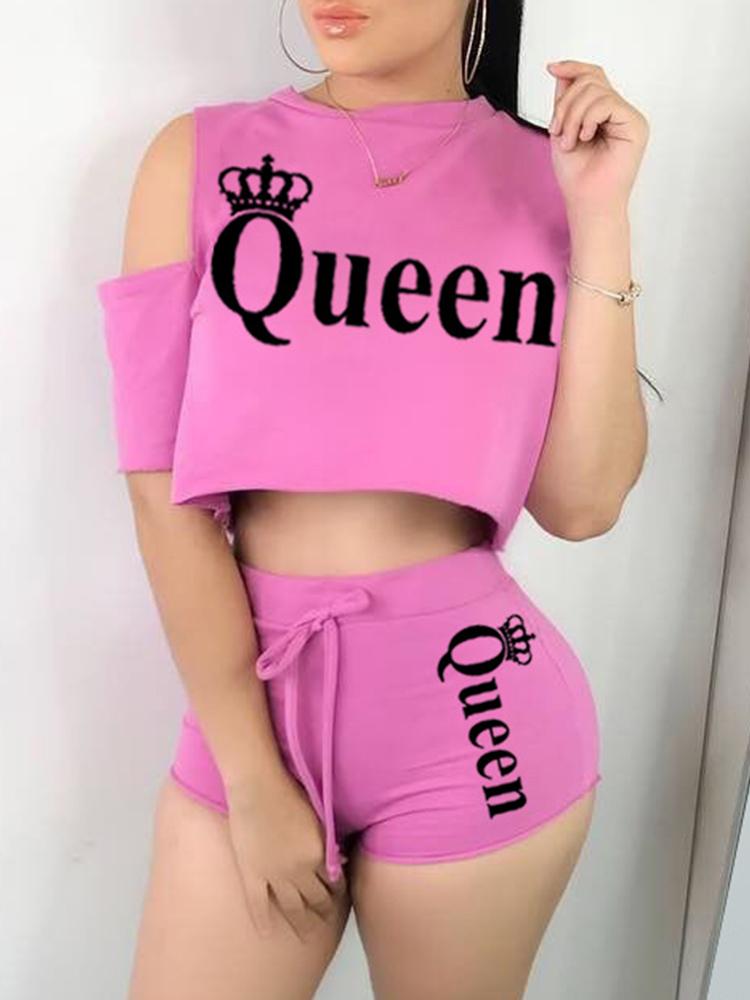 

Letter Print Cold Shoulder Crop Top&Shorts Set, Pink