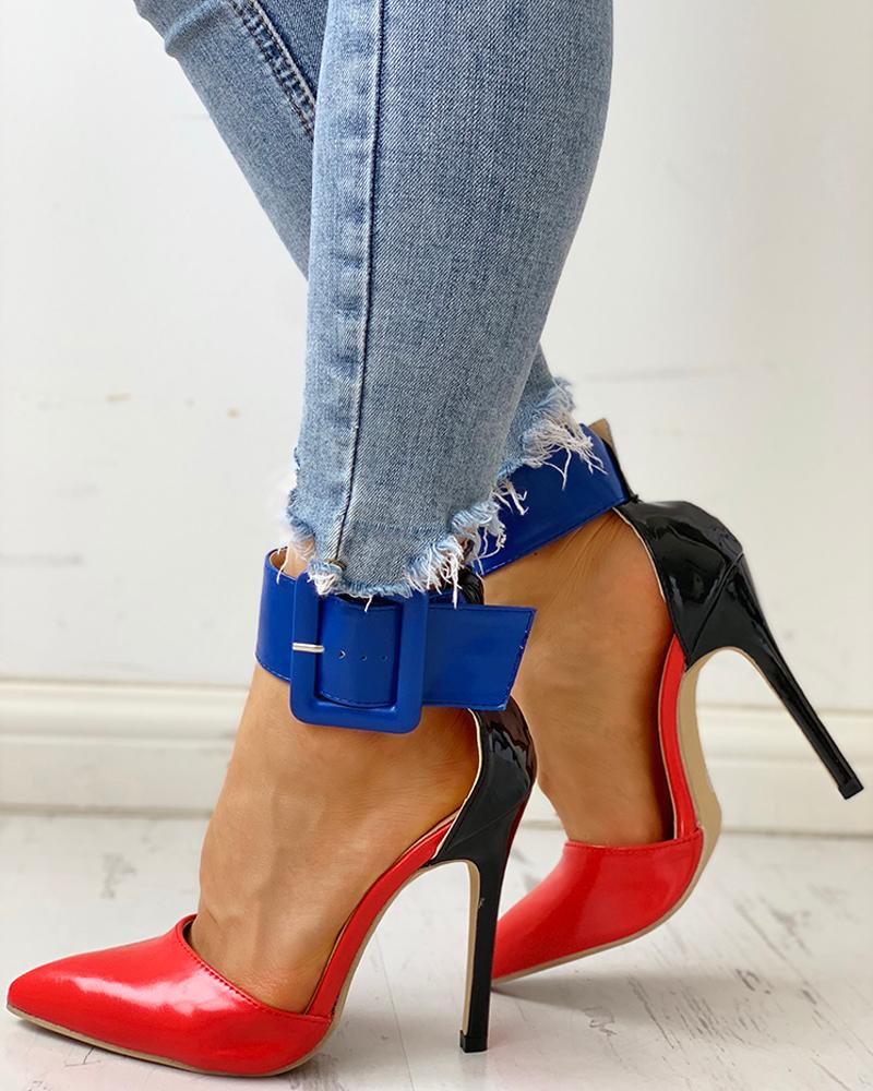 

Pointed Toe Ankle Buckled Thin Heels, Red