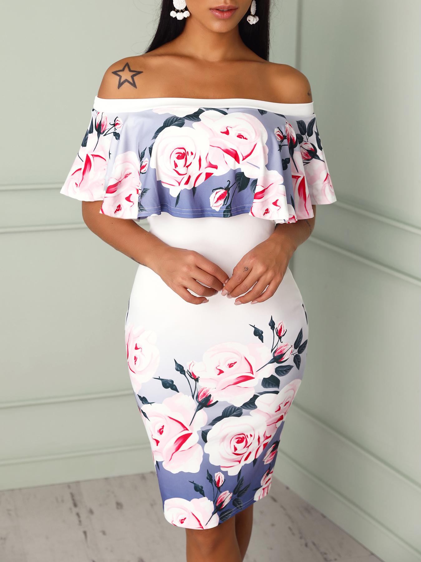 

Floral Print Flounce Off Shoulder Bodycon Dress