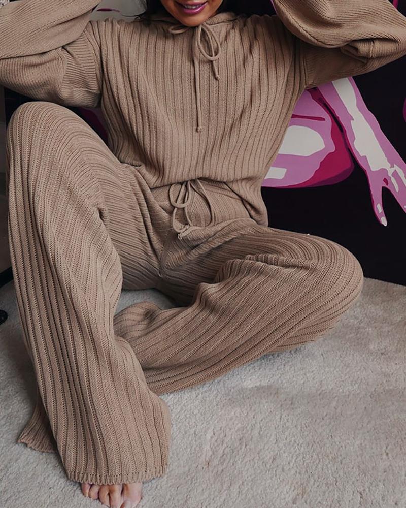 

Solid Long Sleeve Hooded Top & Drawstring Pants Set, Khaki