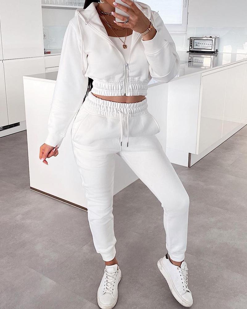 

Zip Front Hooded Top & Drawstring Pants Set, White