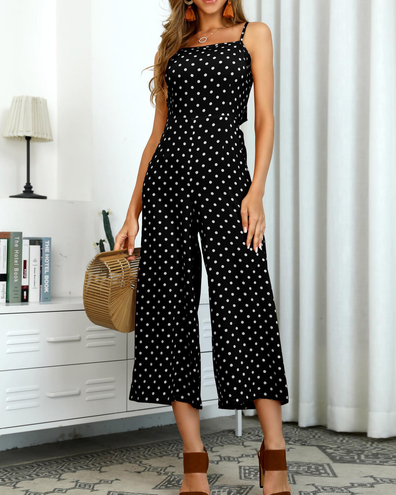 

Knot Open Back Dots Print Jumpsuit, Black