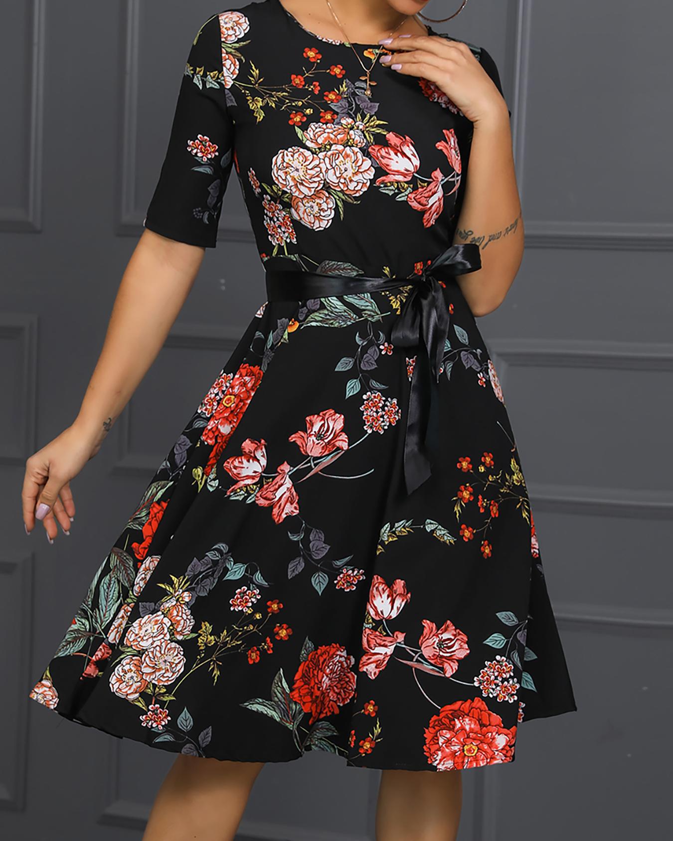

Floral Print Ruched Design Midi Dress, Black