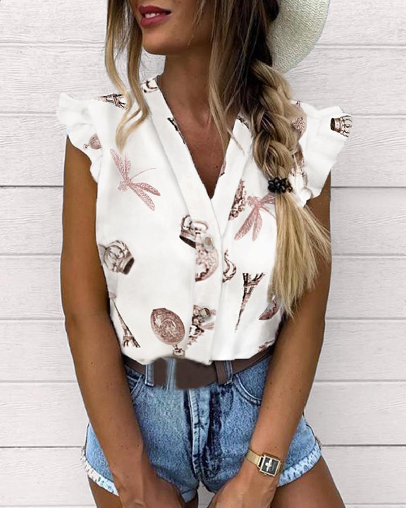 

Print Flutter Sleeve Blouse, White