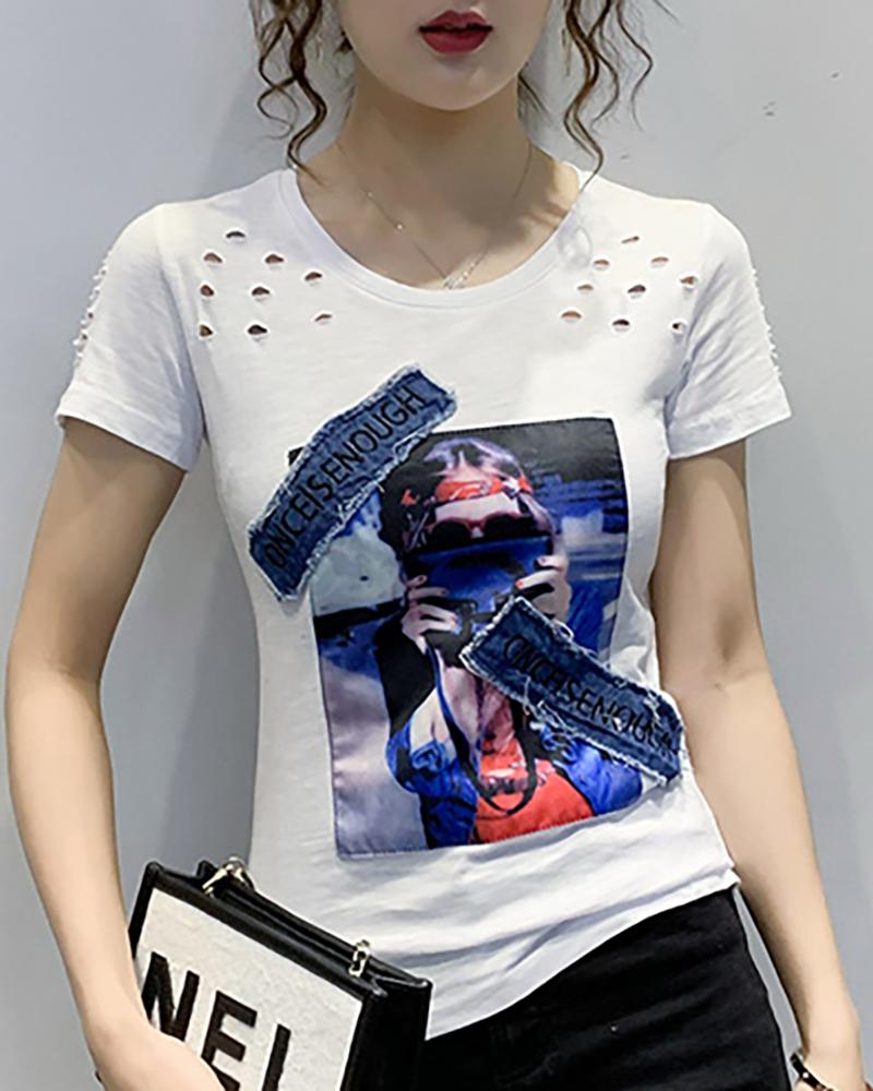 

Hollow Out Round Neck Short Sleeve T-shirt, White