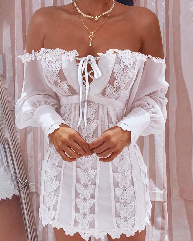 

Off Shoulder Lantern Sleeve Lace-up Butterfly Lace Dress, White