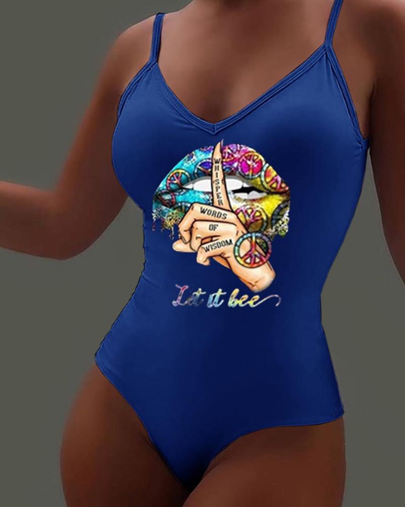 

Slogan Print Spaghetti Strap Bodysuit, Blue