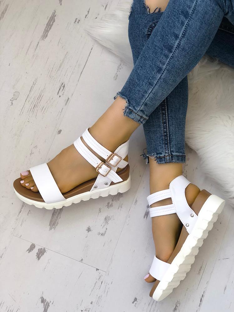 

Buckled Thick Sole Peep Toe Flat Sandals