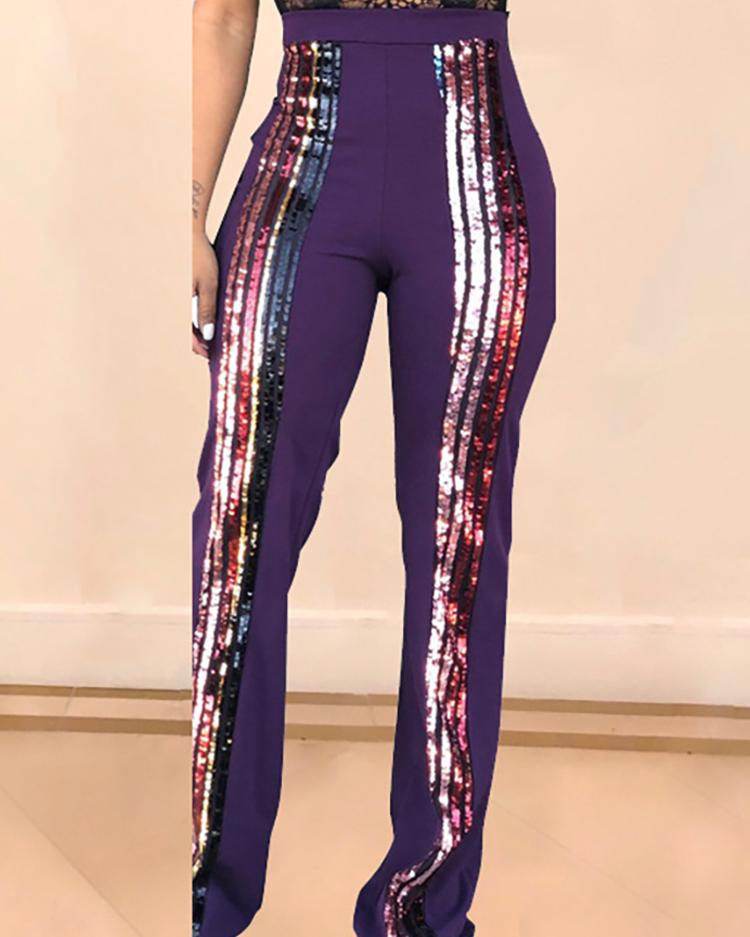 

High Waist Colorful Sequin Insert Pants, Purple