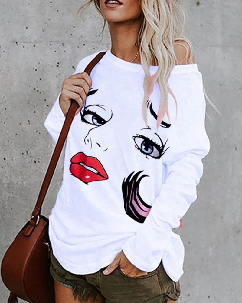 

Figure Print Long Sleeve Casual T-Shirt, White