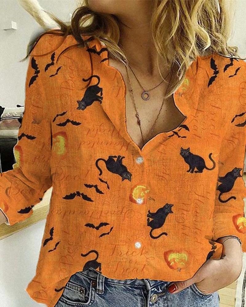 

Halloween Pumpkin Mouse Print Long Sleeve Casual Shirt, Yellow