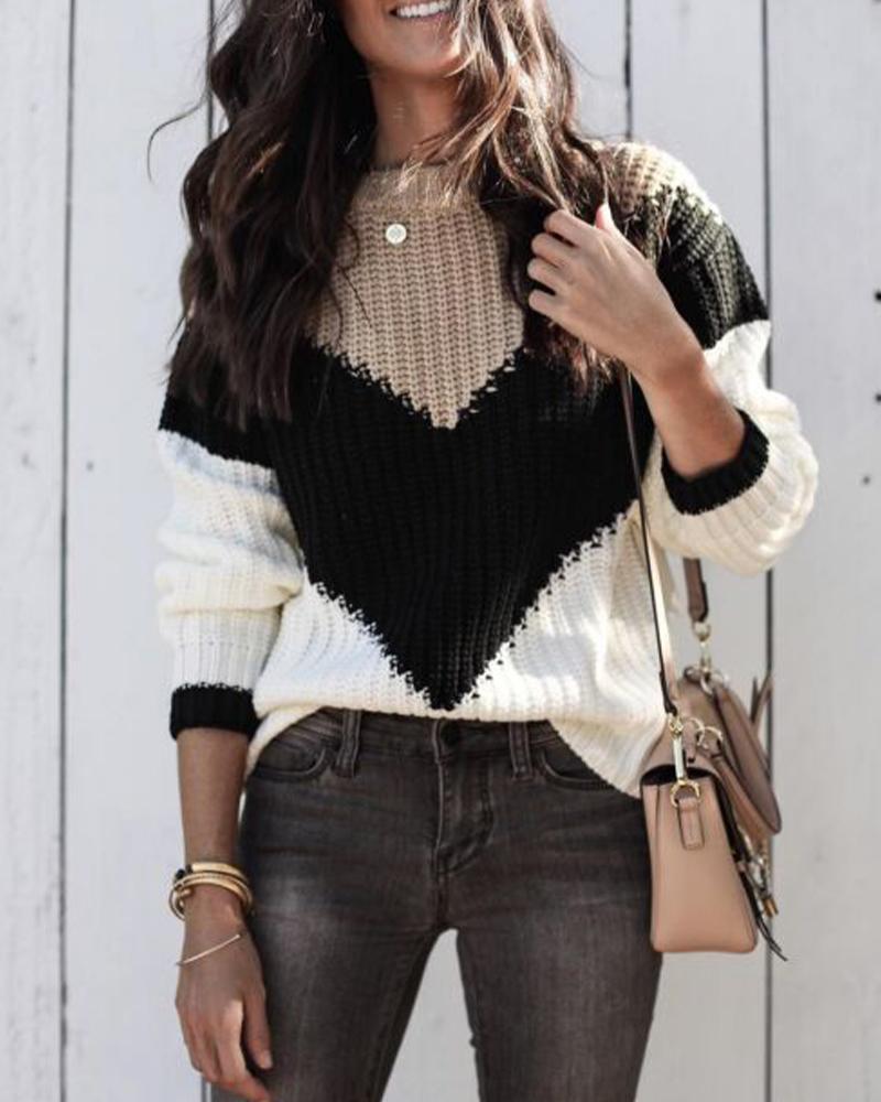 

Colorblock Long Sleeve Loose Sweaters, Khaki