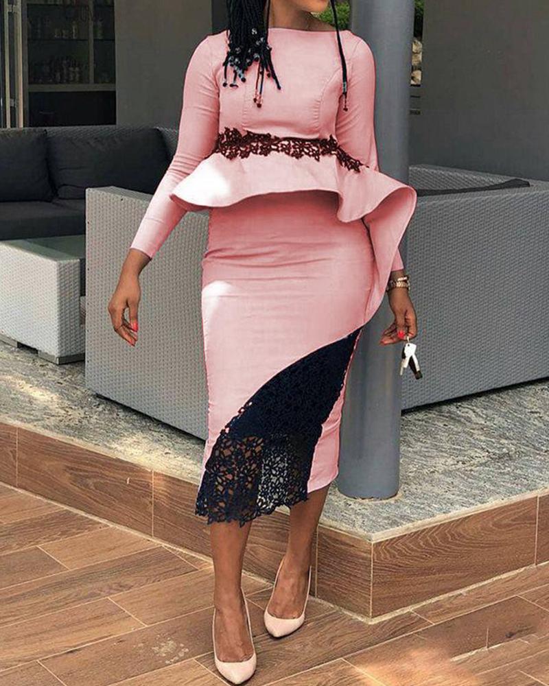 

Lace Insert Ruffle Midi Dress, Pink