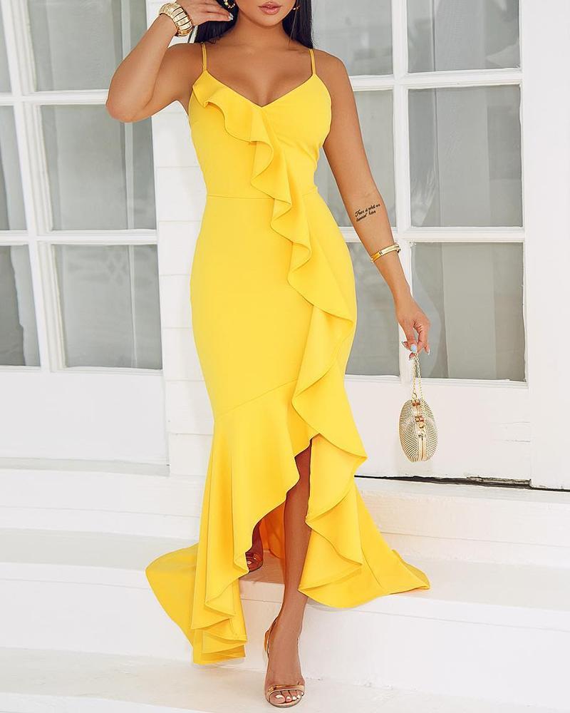 

Spaghetti Strap Ruffles Design Irregular Dress, Yellow