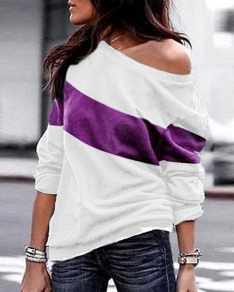 

Color Block Long Sleeve Casual Top, Purple