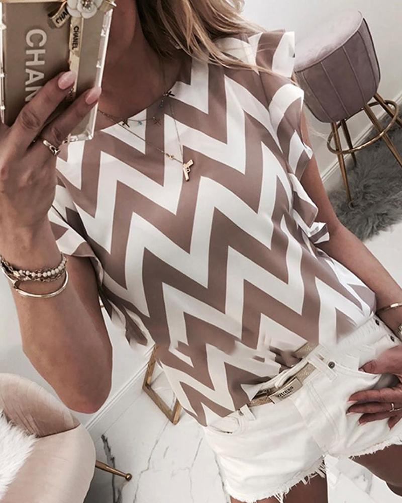 

Wave Print Flutter Sleeve Casual Blouse