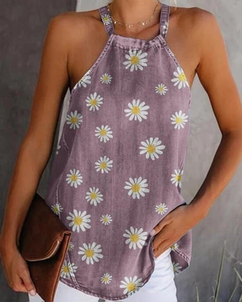 

Daisy Print Sleeveless Halter Top, Purple