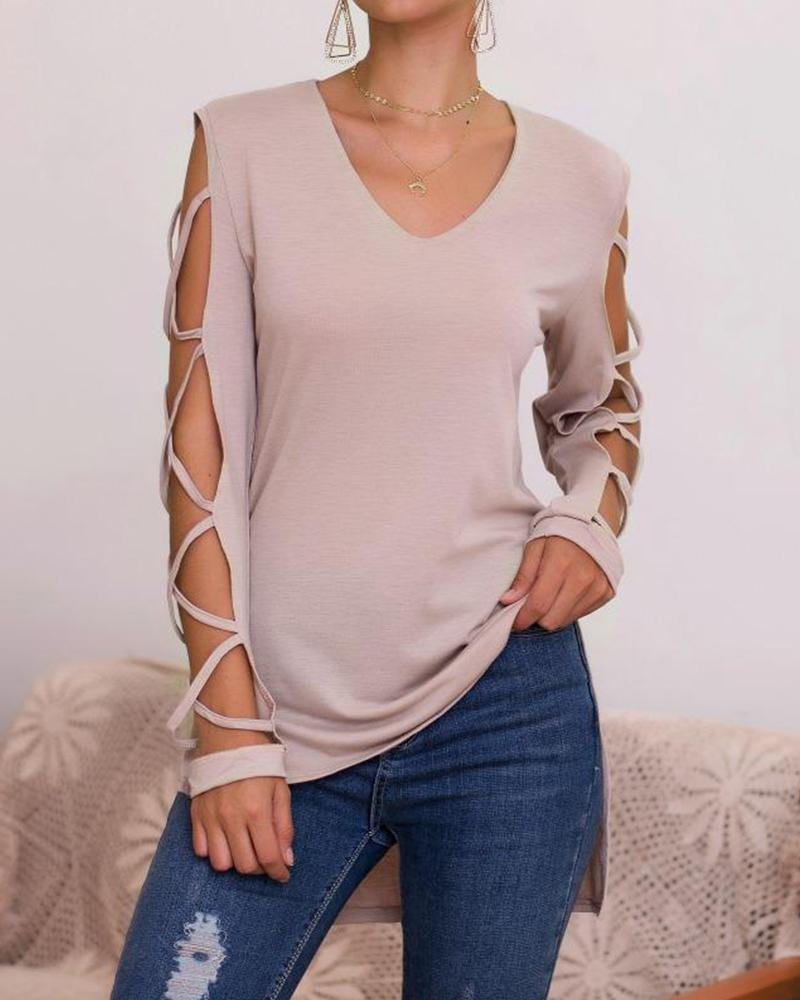 

Solid V Neck Lace Up Sleeve Tops, Khaki