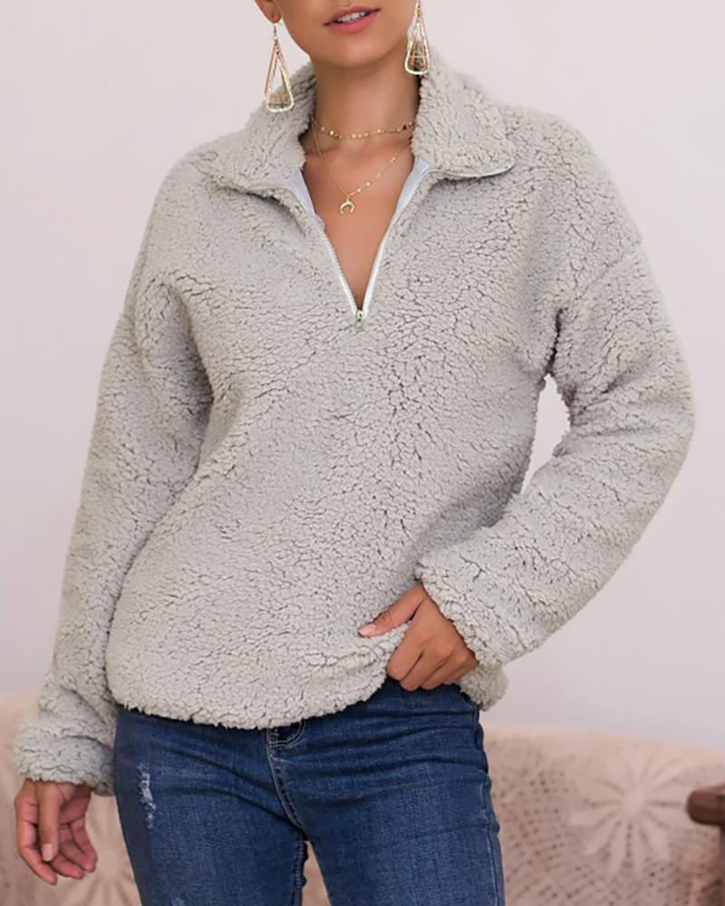 

Solid Long Sleeve Zipped Design Casual Sweatshirt, Gray