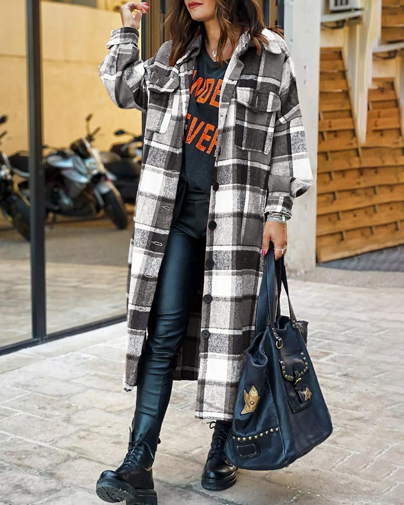 

Plaid Button Front Longline Coat, Dark grey