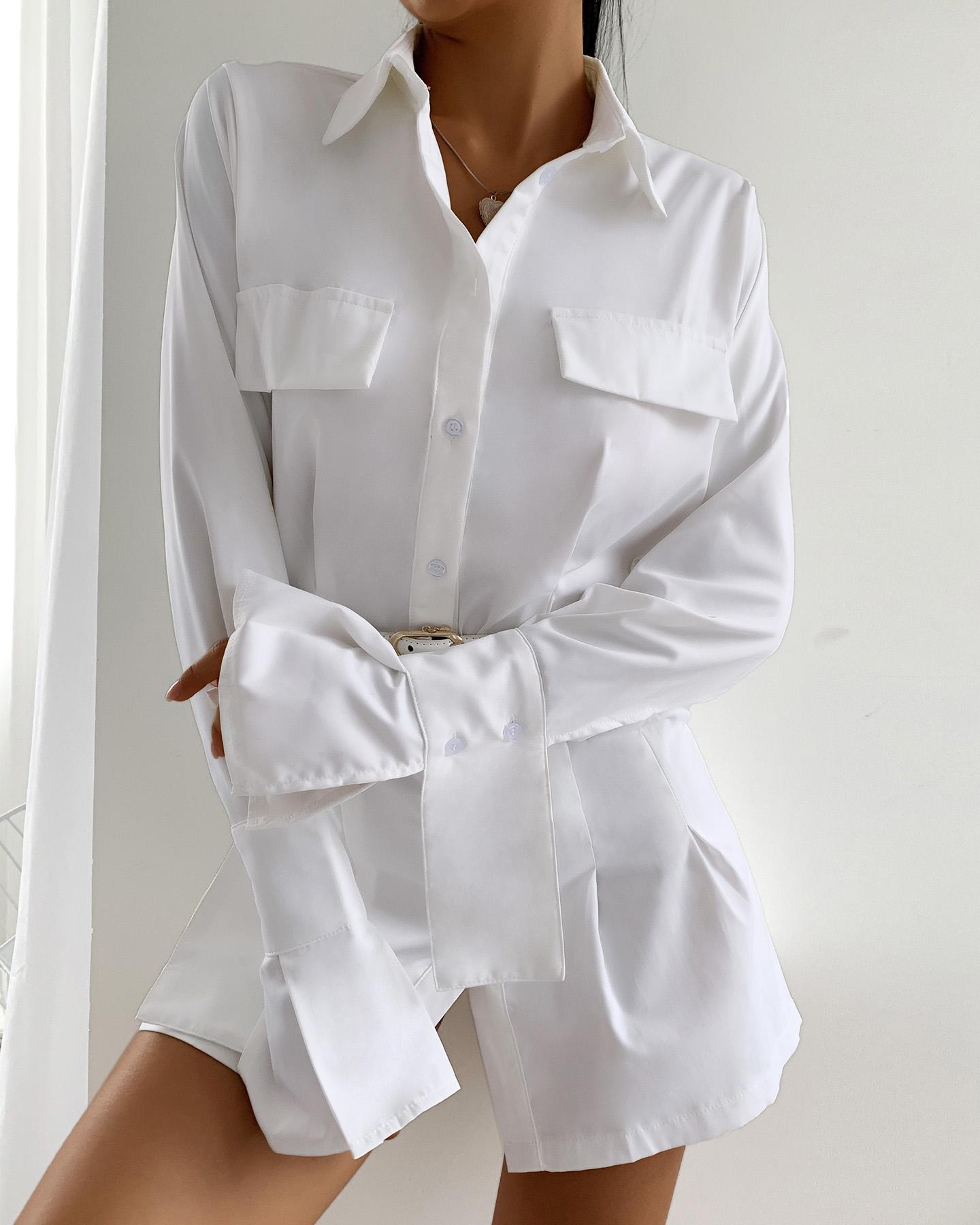 

Pocket Design Buttoned Plain Shirt & Shorts Set, White