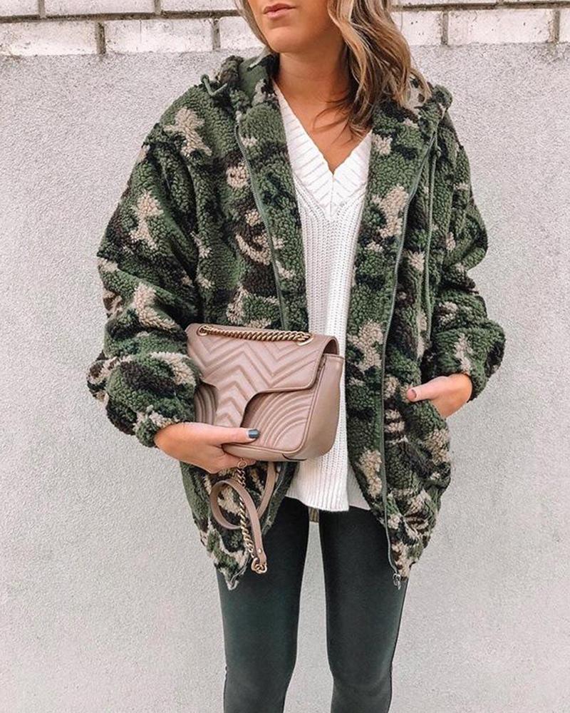 

Hoodie Faux Shearling Camo Jacket, Green