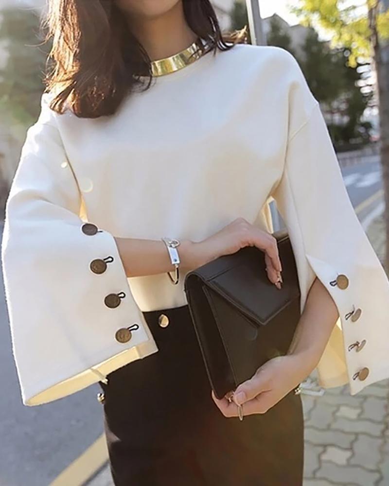 

Slit Buttoned Bell Cuff Casual Blouse, Beige