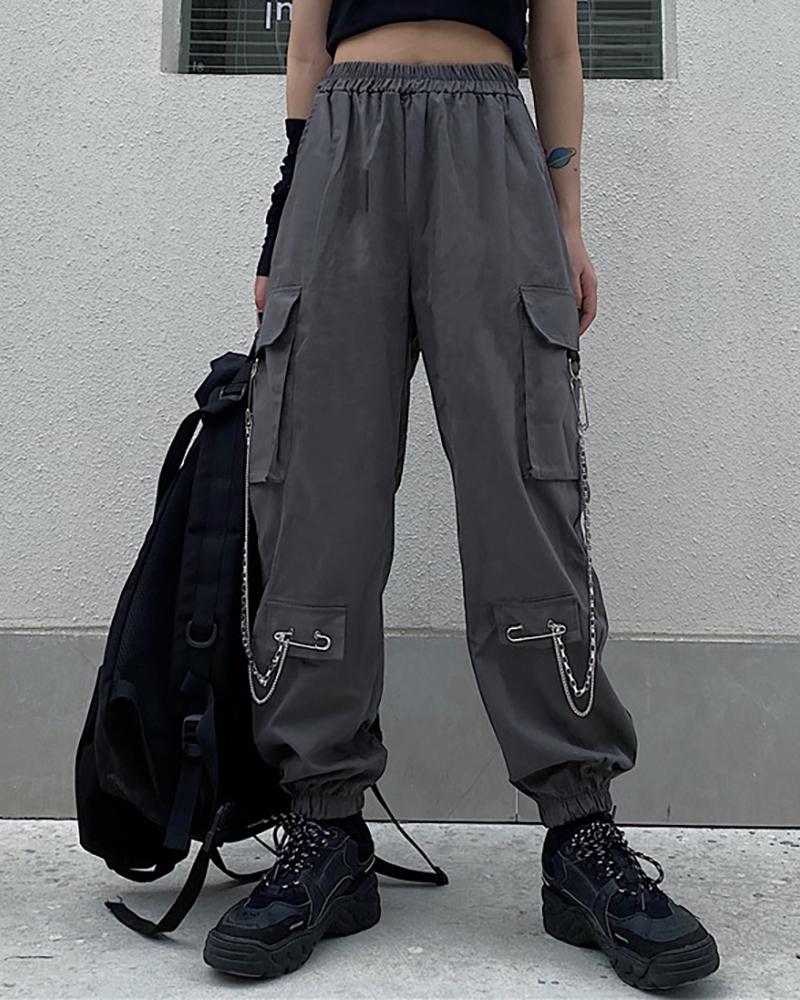 

Chain Decor Pocket Design Cargo Pants, Gray