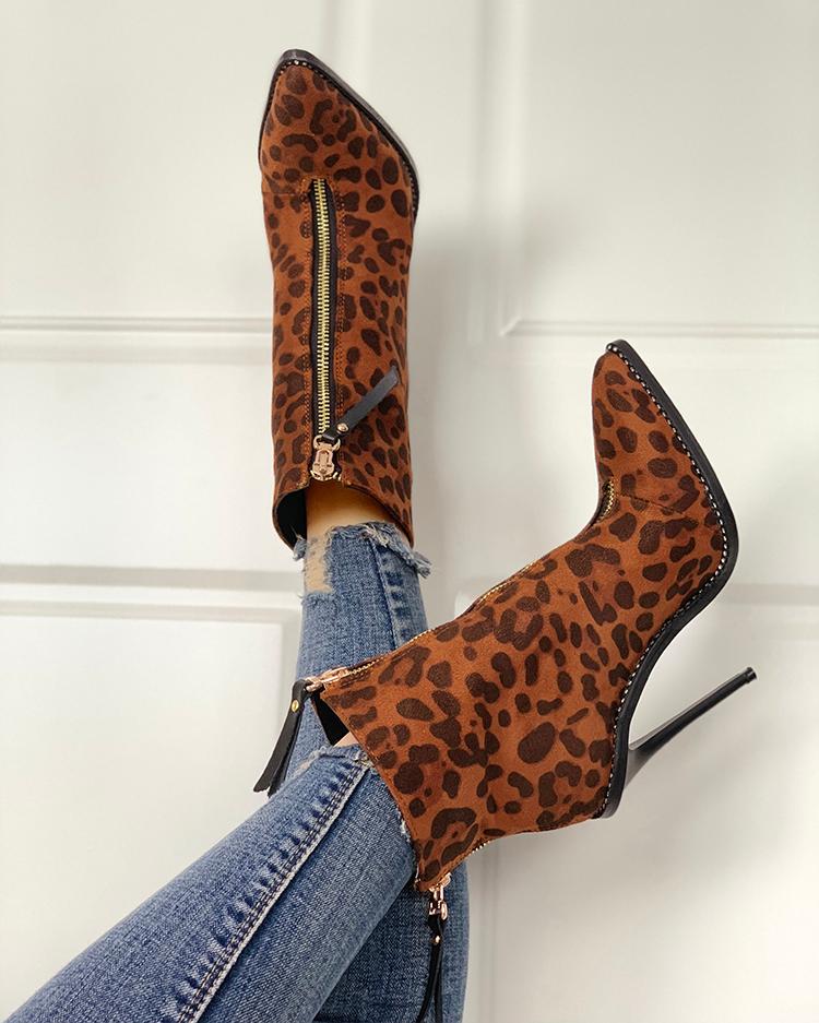 

Leopard Print Zip Up Thin Heeled Boots