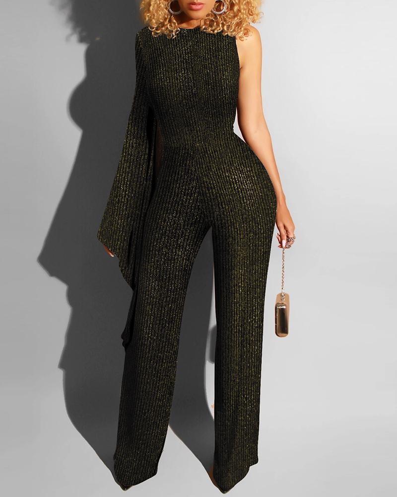 

Glitter One Shoulder Zipper Jumpsuit, Green