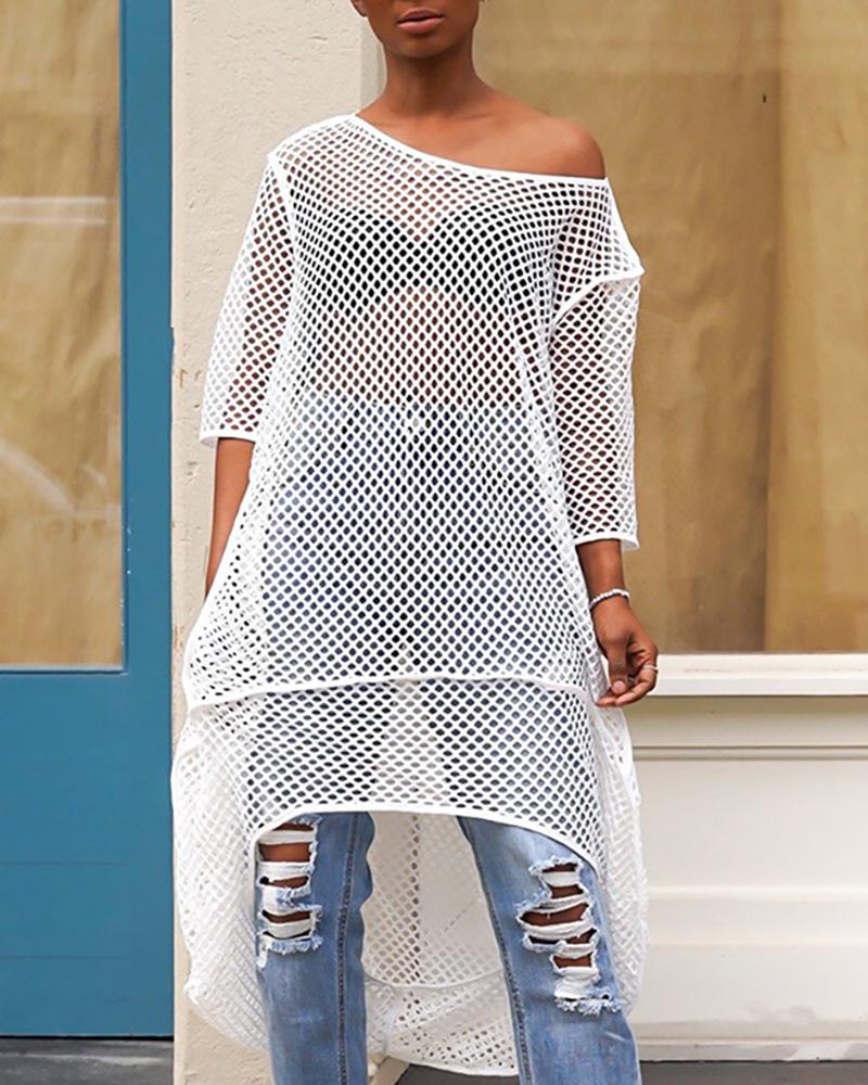 

One Shoulder Hollow Out Fishnet Dress, White