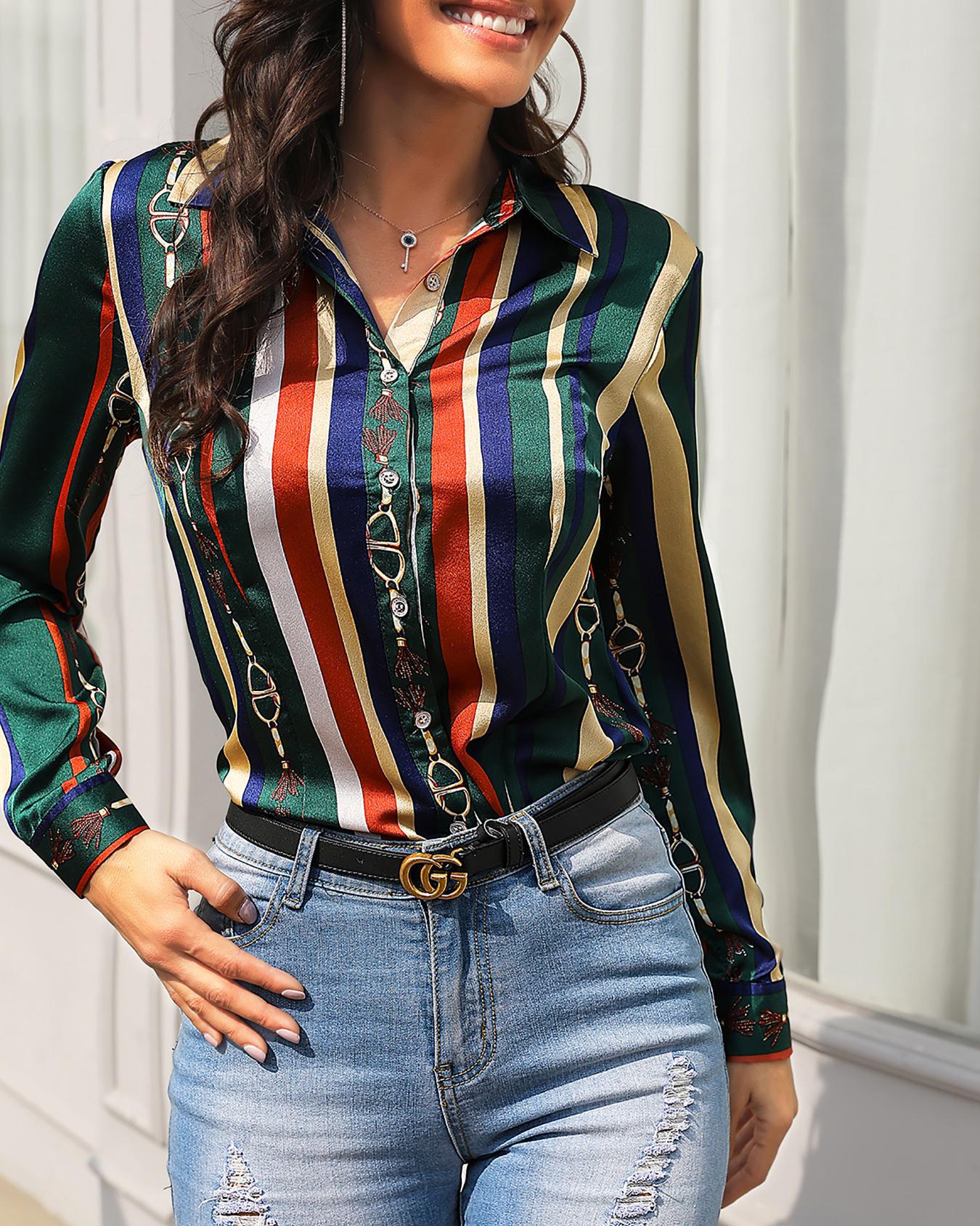 

Saddle Print Multicolor Stripes Long Sleeve Blouse, Green
