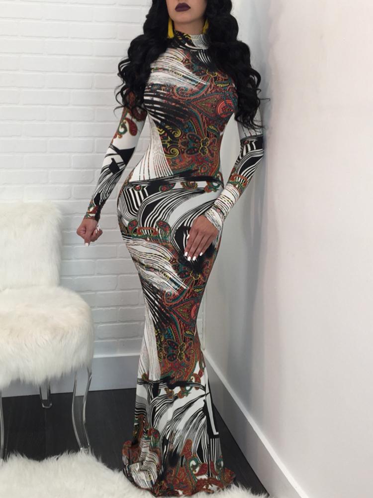 

Retro Print Long Sleeve Bodycon Maxi Dress