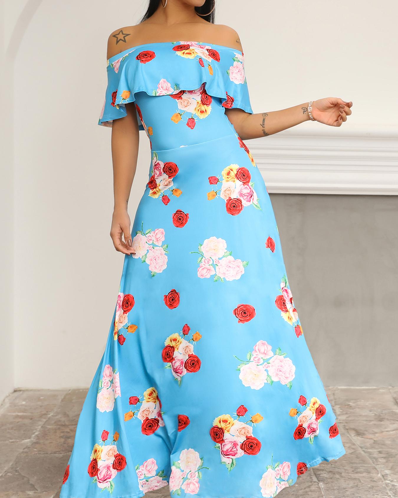 

Floral Off Shoulder Flounce Maxi Dress