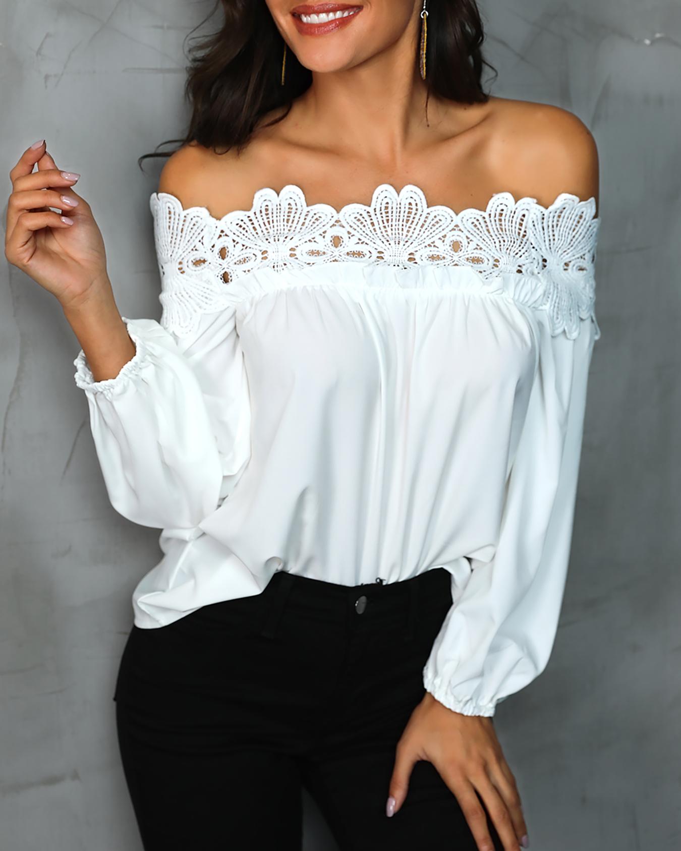 

Crochet Lace Splicing Off Shoulder Casual Blouse, White
