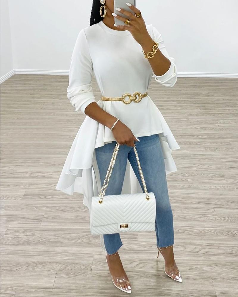 

Solid Long Sleeve Asymmetrical Blouse, White